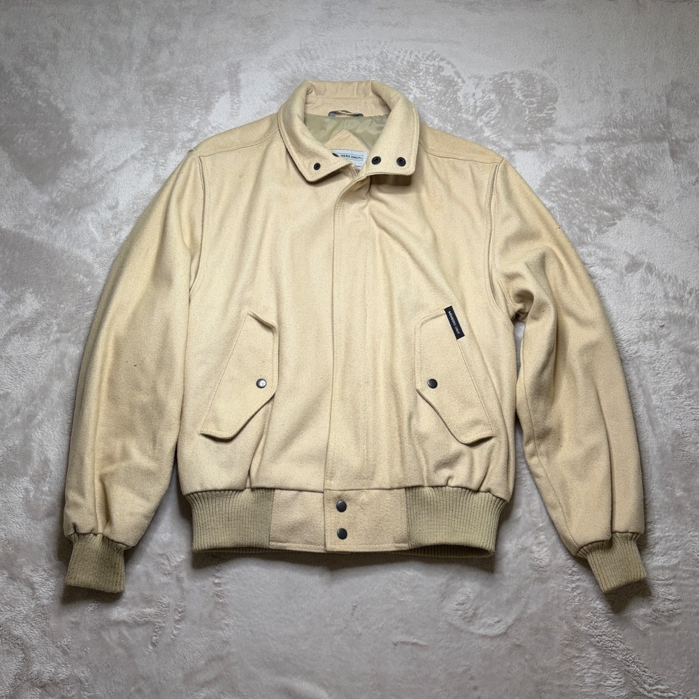 Vtg Members Only Mens Beige Bomber Jacket Full Zip Stand-Up Snap Collar Lined 40